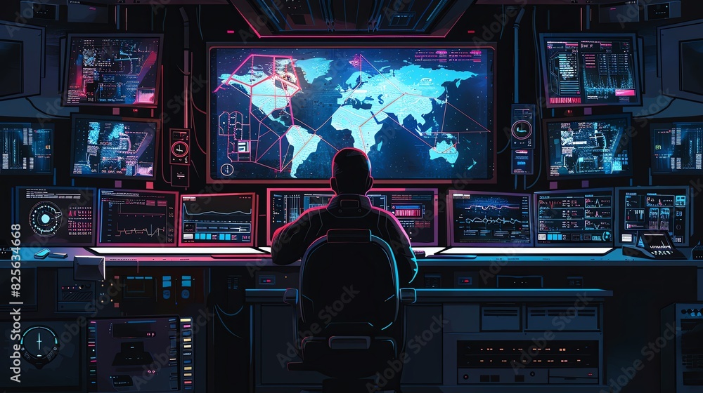 Illustration of an AI agent sitting at a control panel, with multiple screens showing various data and maps. The dark room is filled with futuristic technology elements, creating a sense of mystery an Illustration of an AI agent sitting at a control panel, with multiple screens showing various data and maps. The dark room is filled with futuristic technology elements, creating a sense of mystery an