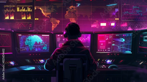 Illustration of a cyber security professional at the control center, monitoring screens displaying digital maps and graphs against a dark background with ambient lighting, in the style of vector art.