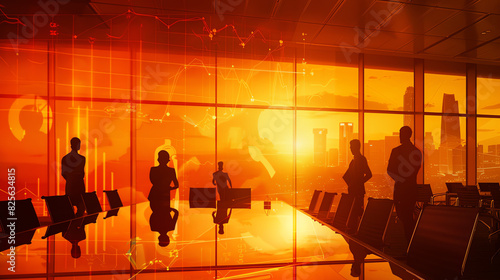 Silhouettes of business people in an office meeting room with charts and graphs on the walls, double exposure with cityscape at sunset, orange color palette, high resolution, hyper realistic photograp