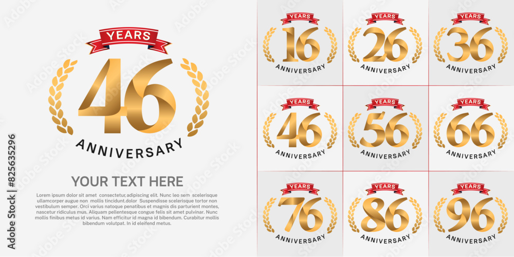 anniversary logotype set vector, gold color and red ribbon for special day celebration