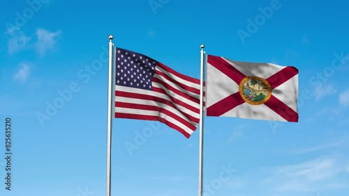 Florida and American Flag together. High detailed waving flag of Florida and USA. Florida state flag. USA. 3D Render. photo