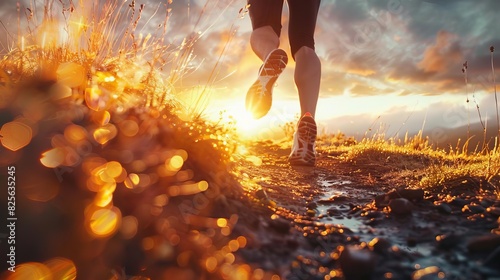 Fitness workout outdoors, runner sprinting on a trail, vibrant sunrise, energetic and powerful atmosphere, highdefinition athletic photography, Close up photo