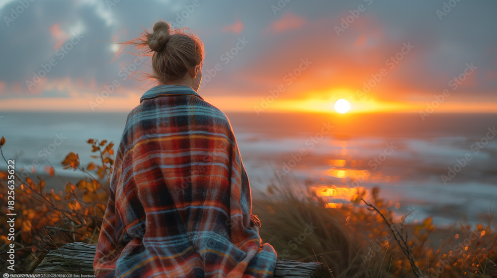 Autumn: A woman wrapped in a plaid blanket, sitting on a driftwood log, watching the sunset.