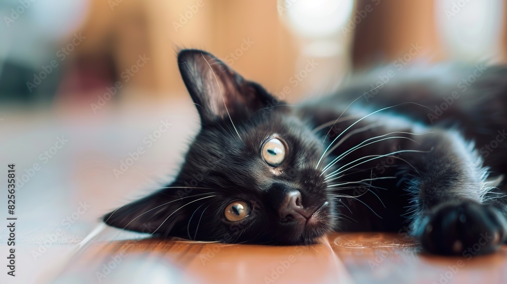 Health and midicine icons on Blurred closeup portrait of a charming young domestic Black cat playing on the floor, playfully looks. Pets Health care concept with Free space fot text Health and midicine icons on Blurred closeup portrait of a charming young domestic Black cat playing on the floor, playfully looks. Pets Health care concept with Free space fot text