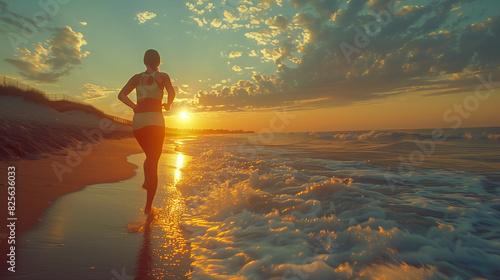 Summer: A woman jogging along the beach in athletic wear at sunrise photo