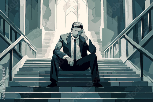 Ilustration of upset and worried businessman sitting on stairs after being laid off from job or bankruptcy