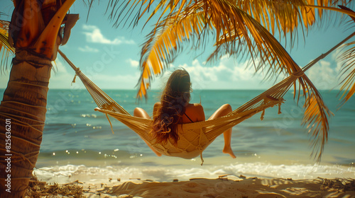 Summer: A woman lounging on a hammock strung between two palm trees. photo
