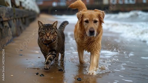 A dog and cat running along the water's edge, leaving paw prints in the wet sand