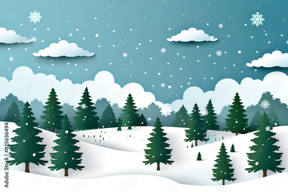 winter landscape with trees and snow,  landscape background with trees and clouds on a blue sky, in the paper cutout style, snow falling in the forest