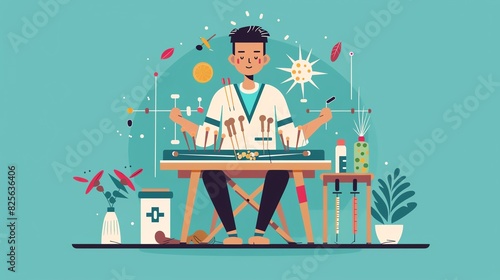 Medical acupuncturist illustration flat design front view alternative medicine theme animation vivid photo