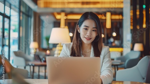 A Young Asian Businesswoman Engages In A Video Call On Her Laptop In A Hotel Lobby Lounge, Maintaining Connectivity While On The Move, High Quality