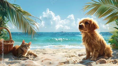 A beach picnic with a dog sniffing at a basket and a cat lounging in the sun photo