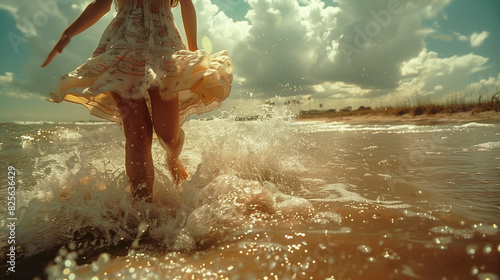 Spring: A woman in a light wrap dress, dancing barefoot on the wet sand.