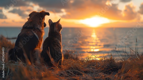 A dog and cat sitting on a sandy dune overlooking the ocean at sunset