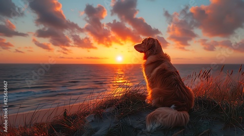 A dog and cat sitting on a sandy dune overlooking the ocean at sunset photo