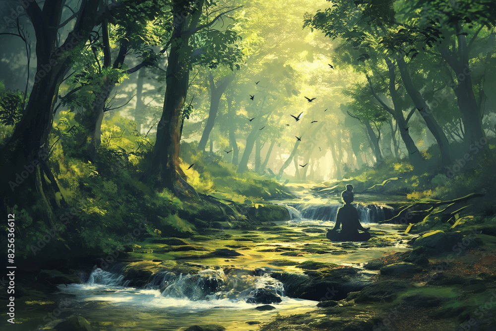 7. Depict a serene scene of a non-binary person meditating in a tranquil forest clearing, surrounded by nature with a gentle stream flowing nearby and birds singing in the trees.
