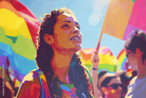 8. Render a powerful image of an LGBTQ+ activist speaking passionately at a rally, with a diverse crowd holding supportive signs and rainbow flags in the background. photo