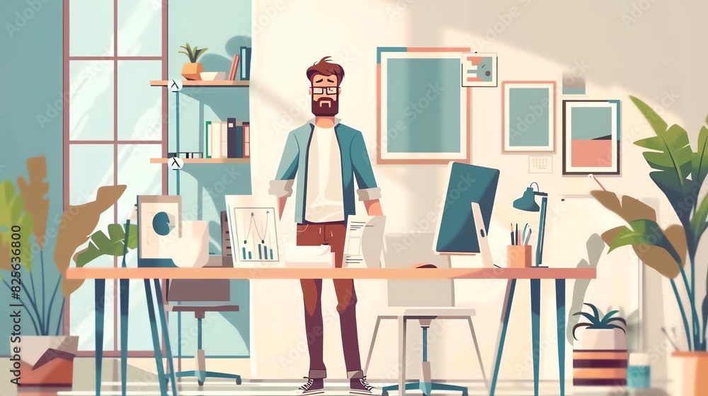 Art director with sketches flat design front view advertising theme cartoon drawing Analogous Color Scheme Art director with sketches flat design front view advertising theme cartoon drawing Analogous Color Scheme
