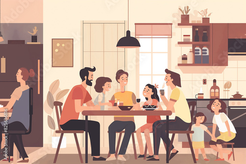 Wallpaper Mural 4. Illustrate a cozy scene of a family gathered around a table for dinner, with parents of different gender identities and their children sharing a meal in a warm, inviting home. Torontodigital.ca