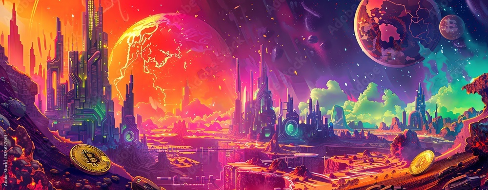 Obraz premium A futuristic city on an alien planet with gold coins and bitcoin scattered around, in the style of digital art, vibrant colors.