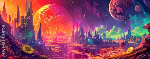 A futuristic city on an alien planet with gold coins and bitcoin scattered around  in the style of digital art  vibrant colors.