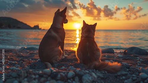 A beach sunset with a silhouette of a dog and cat sitting together on the shore photo