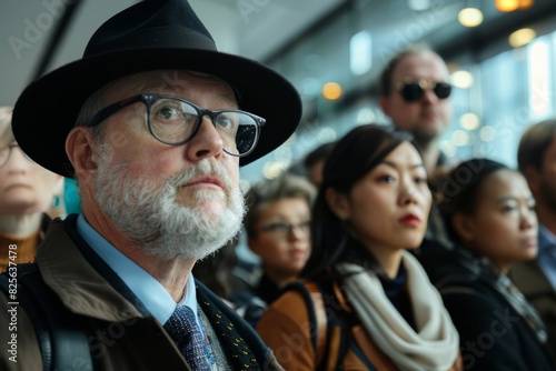 Portrait of senior man with gray beard wearing hat and glasses looking at camera while standing in metro station.