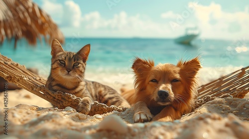 A beach hammock with a dog resting in it and a cat sitting on the sand below photo