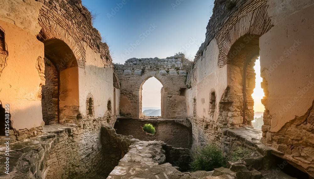 crumbling, wall, ruins, house, ruins, fence, sun, stone, concrete, ancient, sunset, dawn, light, sunlight