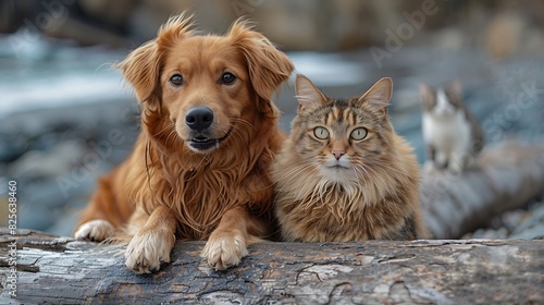 A dog and cat sitting on a driftwood log on the beach