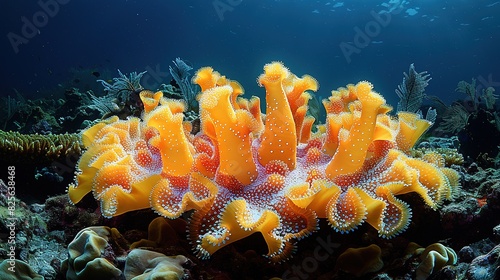 Orange sponge on a bustling coral reef in the sea - Generative Ai