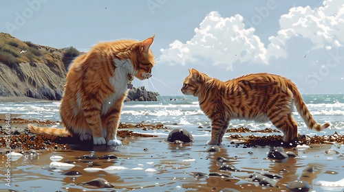 A cat and dog exploring tide pools at low tide on a rocky beach photo