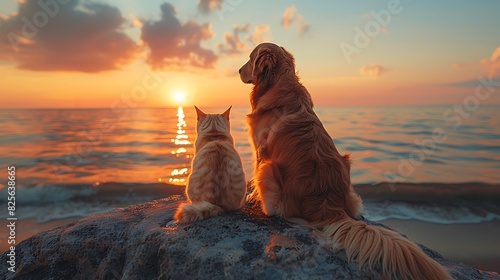 A dog and cat sitting together on a rock overlooking the ocean photo