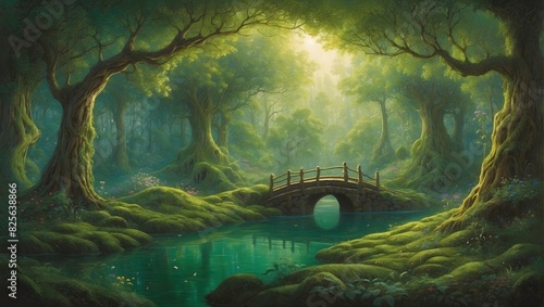 A world where a green background serves as the gateway to an enchanted forest in a vivid painting ai_generated #825638866