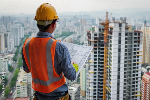 Professional smart civil engineer looking and planning building construction. Skilled foreman wearing safety helmet while standing and designing house structure with tower or modern skyscraper. AIG42.