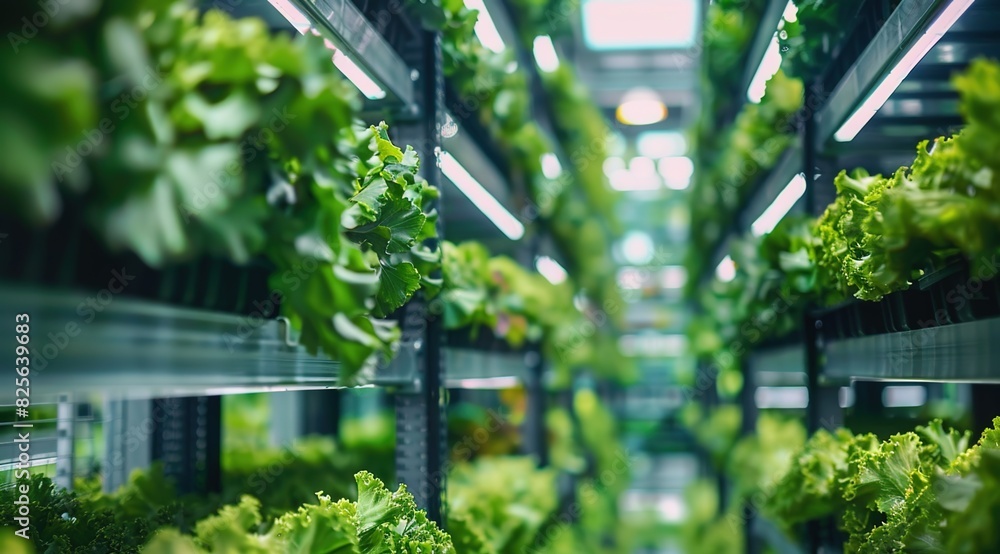 High-tech vertical farm with an array of grow shelves filled with green vegetables, representing the future of sustainable agriculture using technology for growing plants in indoor environments.
High-tech vertical farm with an array of grow shelves filled with green vegetables, representing the future of sustainable agriculture using technology for growing plants in indoor environments.