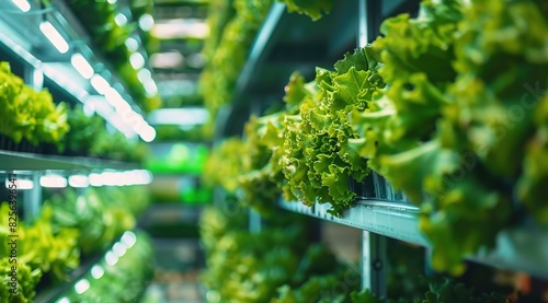 High-tech vertical farm with an array of grow shelves filled with green vegetables, representing the future of sustainable agriculture using technology for growing plants in indoor environments. 


