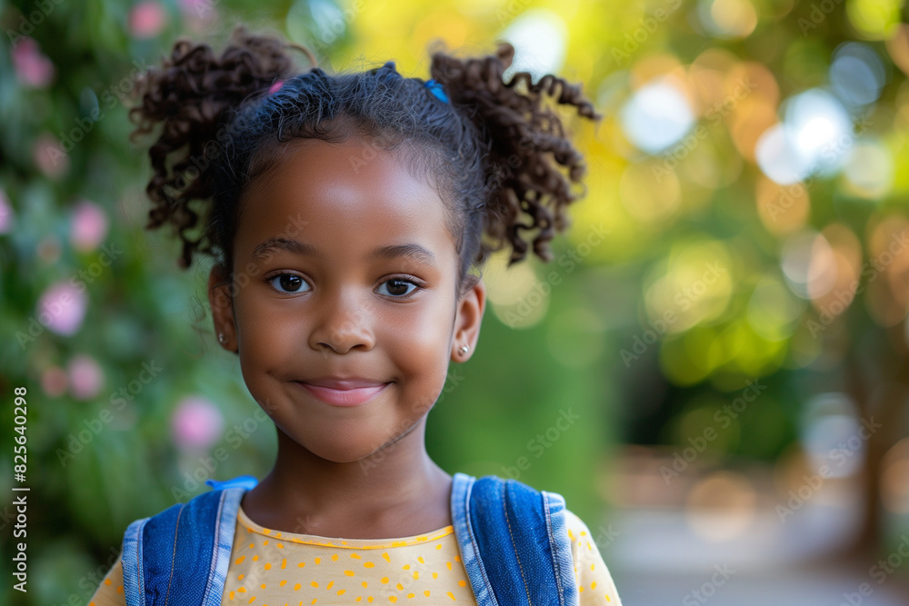 Happy Black Girl with Backpack Outside Ready for Back to School or Hiking Adventure Happy Black Girl with Backpack Outside Ready for Back to School or Hiking Adventure