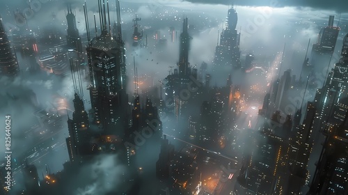 Explore a birds-eye view of a futuristic cityscape consumed by haunting technologies photo