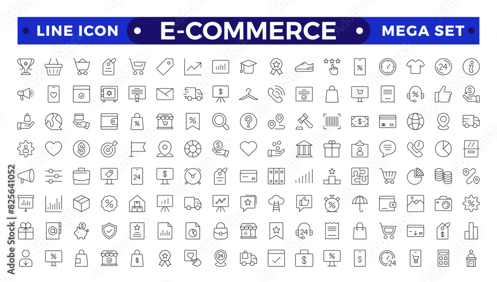 E-commerce outline icon set. Online shopping and delivery elements. E-Commerce set of in-line style. for mobile apps. Business, shop, digital marketing, bank card, gifts, sale, delivery,money,discount E-commerce outline icon set. Online shopping and delivery elements. E-Commerce set of in-line style. for mobile apps. Business, shop, digital marketing, bank card, gifts, sale, delivery,money,discount