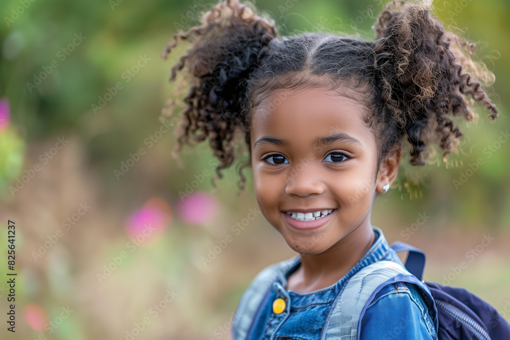Happy Black Girl with Backpack Outside Ready for Back to School or Hiking Adventure Happy Black Girl with Backpack Outside Ready for Back to School or Hiking Adventure