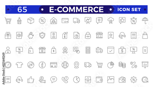 E-commerce outline icon set. Online shopping and delivery elements. E-Commerce set of in-line style. for mobile apps. Business, shop, digital marketing, bank card, gifts, sale, delivery,money,discount