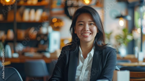 A Cheerful Malaysian Businesswoman Enjoys A Moment In A Cafe, Balancing Work With Relaxation, High Quality photo