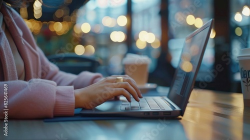 A Close-Up Photo Shows A Woman Typing A Business Report On A Laptop Keyboard In A Cafe, Demonstrating Productivity On The Go, High Quality