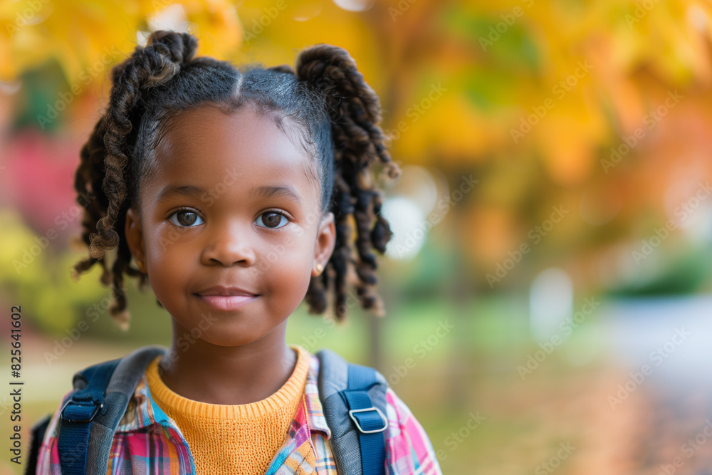 Happy Black Girl with Backpack Outside Ready for Back to School or Hiking Adventure Happy Black Girl with Backpack Outside Ready for Back to School or Hiking Adventure