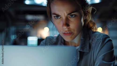 A Concerned Female Worker Looks At A Laptop Screen Suspiciously, Highlighting Problem-Solving Skills And Attention To Detail, High Quality