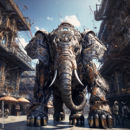 Large Mechanical Elephant in Futuristic Cityscape on a Sunny Day photo