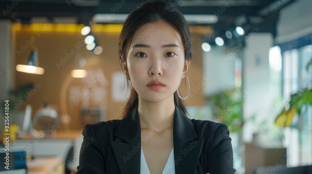 A Confident Asian Businesswoman Works In A Modern Office, Maintaining Eye Contact With The Camera, Exuding Professionalism, High Quality A Confident Asian Businesswoman Works In A Modern Office, Maintaining Eye Contact With The Camera, Exuding Professionalism, High Quality