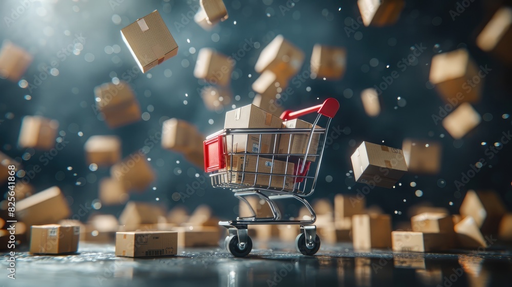 A shopping cart full of boxes is flying through the air, Shopping and delivery concept