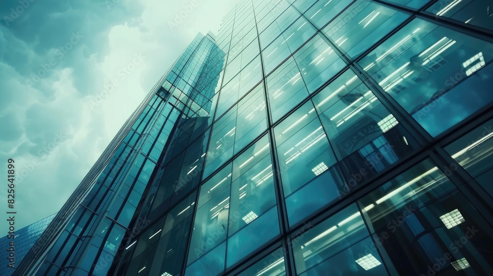 A reflective glass windows of office building, A building glass window with a view of a city skyline A reflective glass windows of office building, A building glass window with a view of a city skyline